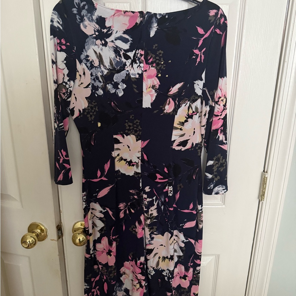 INC International Concepts Navy Floral Long-Sleeve Dress with Pink Accents